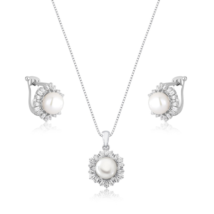 Conjunto Prata c/ Ródio Flor Pérola Natural c/ Borda Cravejada