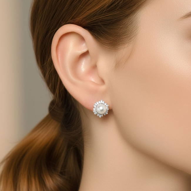 Conjunto Prata c/ Ródio Flor Pérola Natural c/ Borda Cravejada