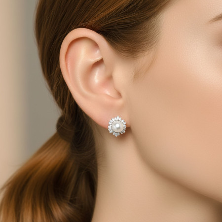 Conjunto Prata c/ Ródio Flor Pérola Natural c/ Borda Cravejada