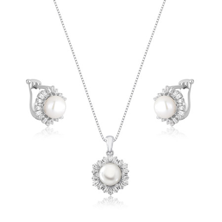 Conjunto Prata c/ Ródio Flor Pérola Natural c/ Borda Cravejada