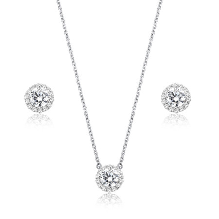 Conjunto Prata c/ Ródio Zircônia Ponto Luz c/ Borda Cravejada 10mm