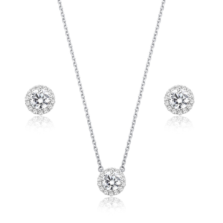 Conjunto Prata c/ Ródio Zircônia Ponto Luz c/ Borda Cravejada 10mm