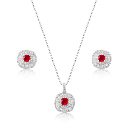Conjunto Prata c/ Ródio Quadrado c/ Zircônia Rubi Central e Borda Cravejada 10mm