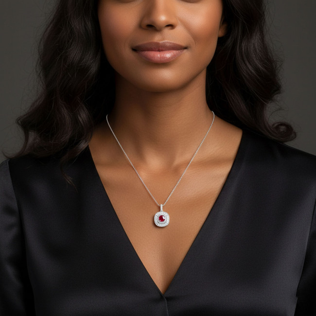 Conjunto Prata c/ Ródio Quadrado c/ Zircônia Rubi Central e Borda Cravejada 10mm