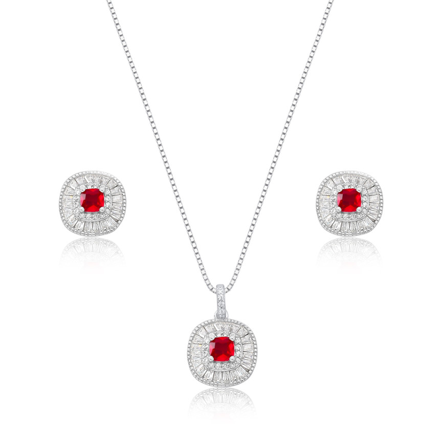 Conjunto Prata c/ Ródio Quadrado c/ Zircônia Rubi Central e Borda Cravejada 10mm