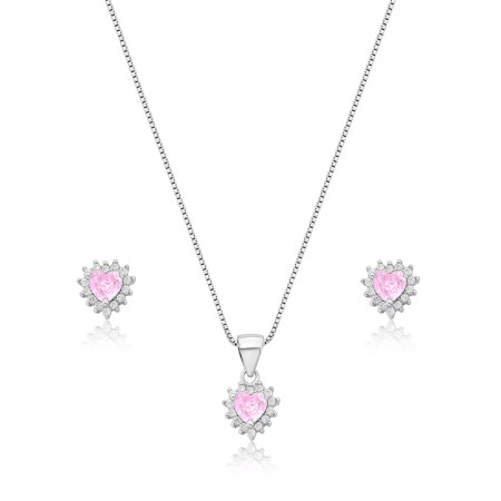 Conjunto Prata c/ Ródio Zircônia Rosa Coração c/ Borda Cravejada 8mm
