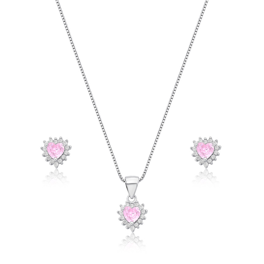 Conjunto Prata c/ Ródio Zircônia Rosa Coração c/ Borda Cravejada 8mm