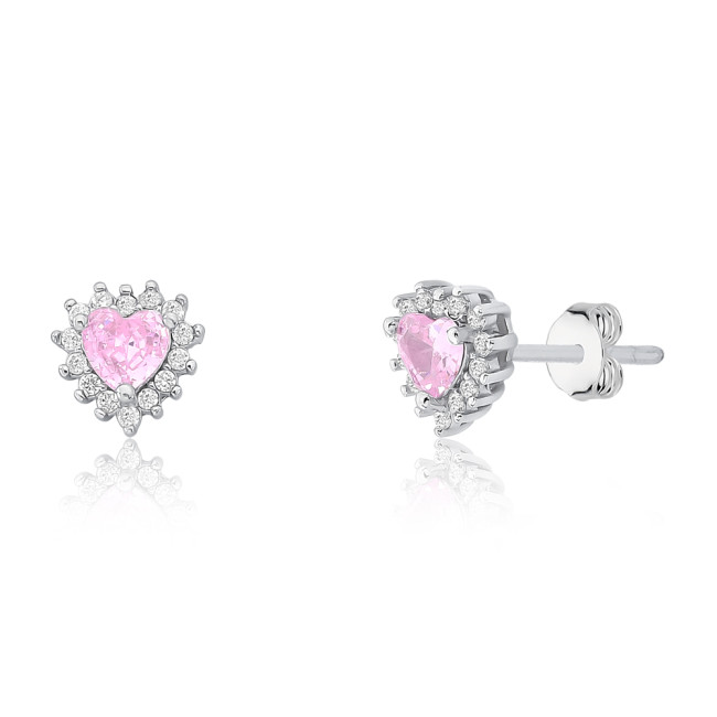 Conjunto Prata c/ Ródio Zircônia Rosa Coração c/ Borda Cravejada 8mm