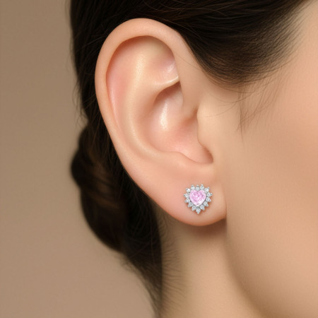 Conjunto Prata c/ Ródio Zircônia Rosa Coração c/ Borda Cravejada 8mm