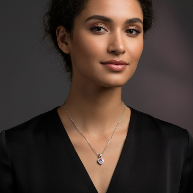 Conjunto Prata c/ Ródio Zircônia Rosa Coração c/ Borda Cravejada 8mm