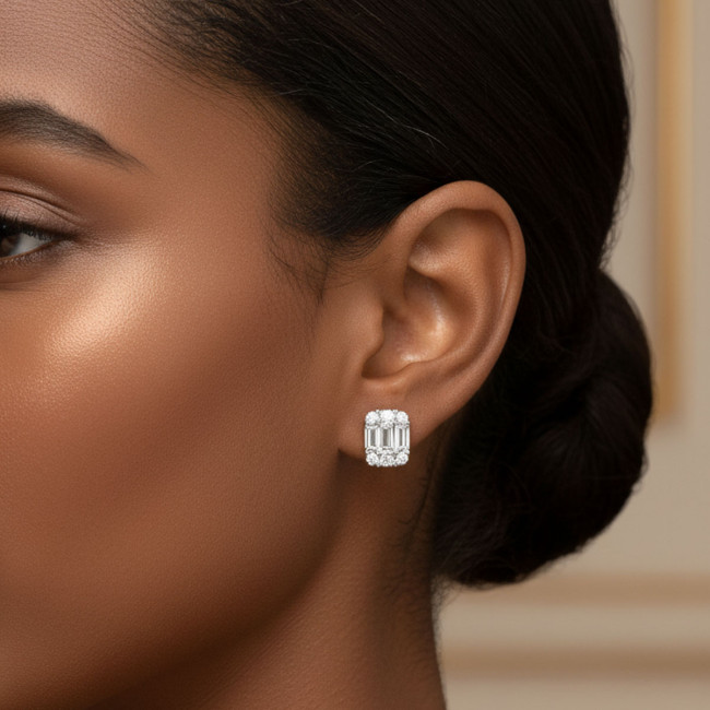 Conjunto Prata c/ Ródio Retangular Cravejado e Detalhes c/ Resina