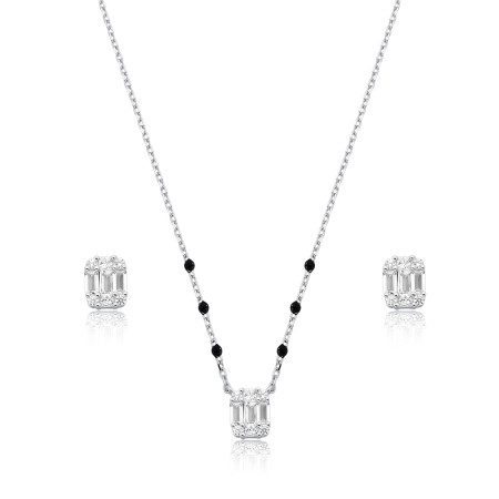 Conjunto Prata c/ Ródio Retangular Cravejado e Detalhes c/ Resina