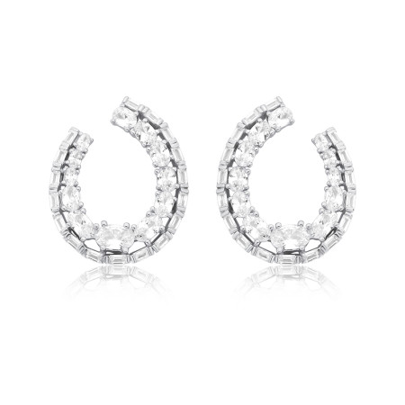 Argola Prata Anzol Duas Fileiras Cravejadas Oval / Baguete