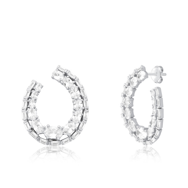 Argola Prata Anzol Duas Fileiras Cravejadas Oval / Baguete