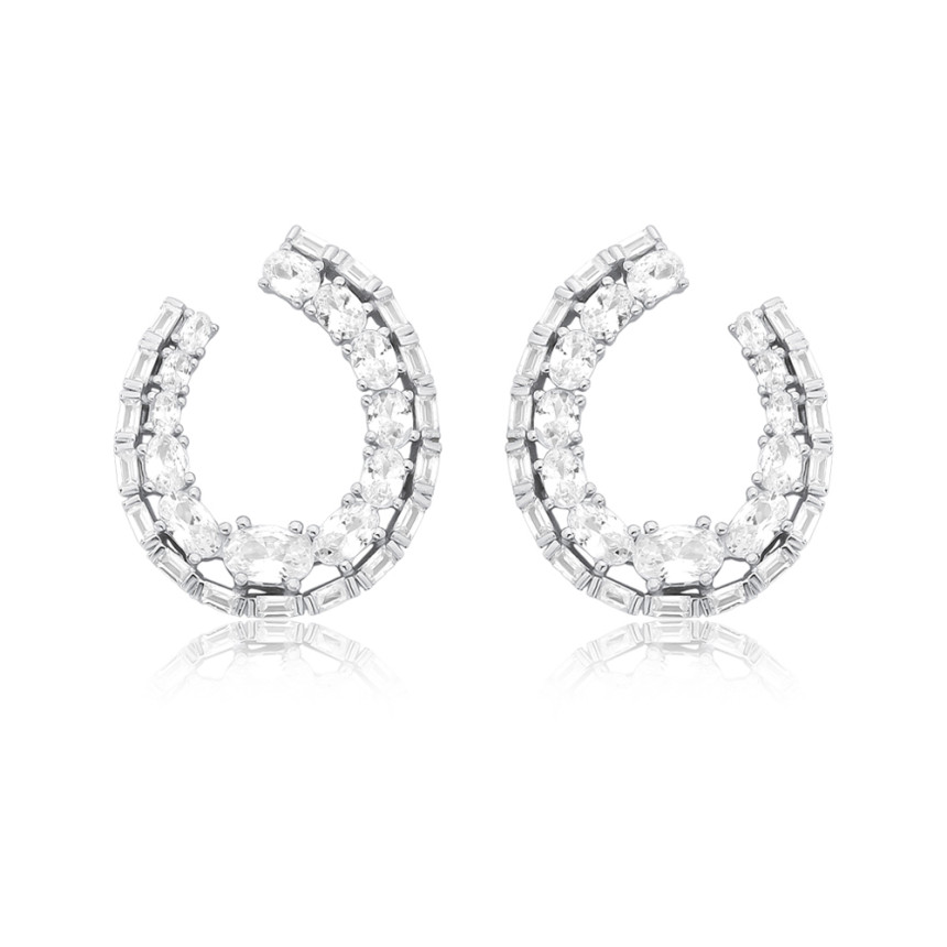 Argola Prata Anzol Duas Fileiras Cravejadas Oval / Baguete