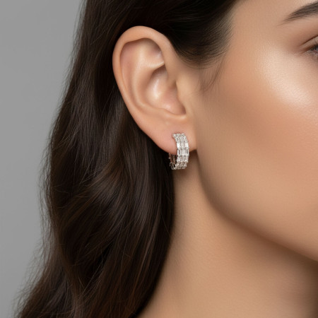 Argola Prata c/ Ródio Zircônias Baguete c/ Tarraxa 16mm