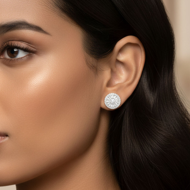 Brinco Prata c/ Ródio Fixo Pizza Zircônia Baguete 13mm