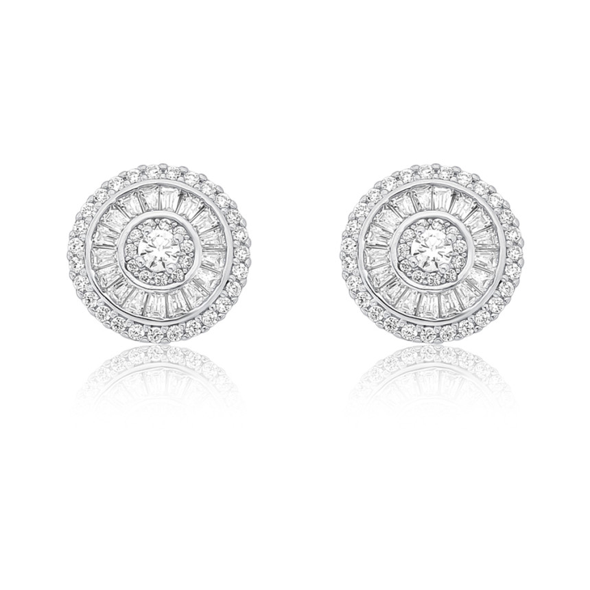 Brinco Prata c/ Ródio Fixo Pizza Zircônia Baguete 13mm