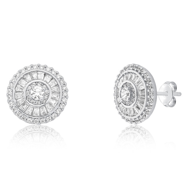 Brinco Prata c/ Ródio Fixo Pizza Zircônia Baguete 13mm