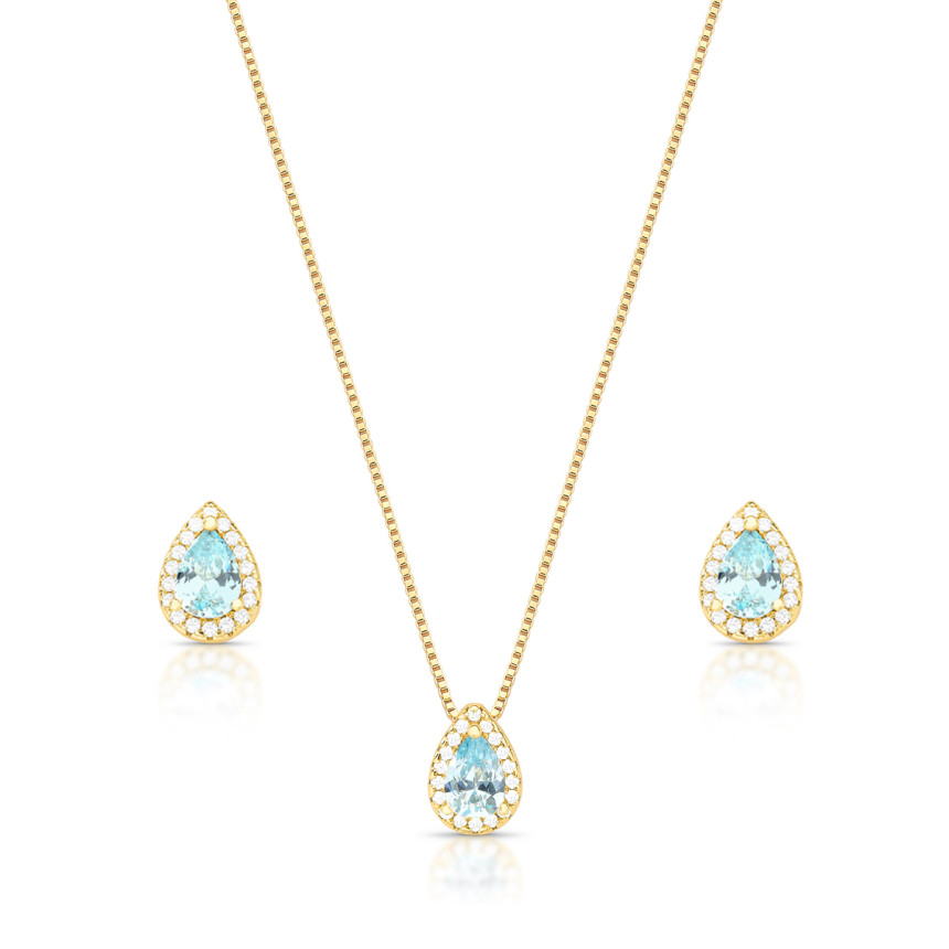 Conjunto Gota Zircônia Azul Acqua c/ Borda Cravejada Folheado a Ouro 18K