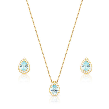 Conjunto Gota Zircônia Azul Acqua c/ Borda Cravejada Folheado a Ouro 18K
