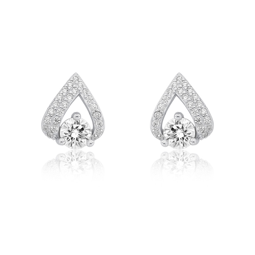 Brinco Prata c/ Ródio Fixo Triangulo Cravejado c/ Zircônia Ponto Luz