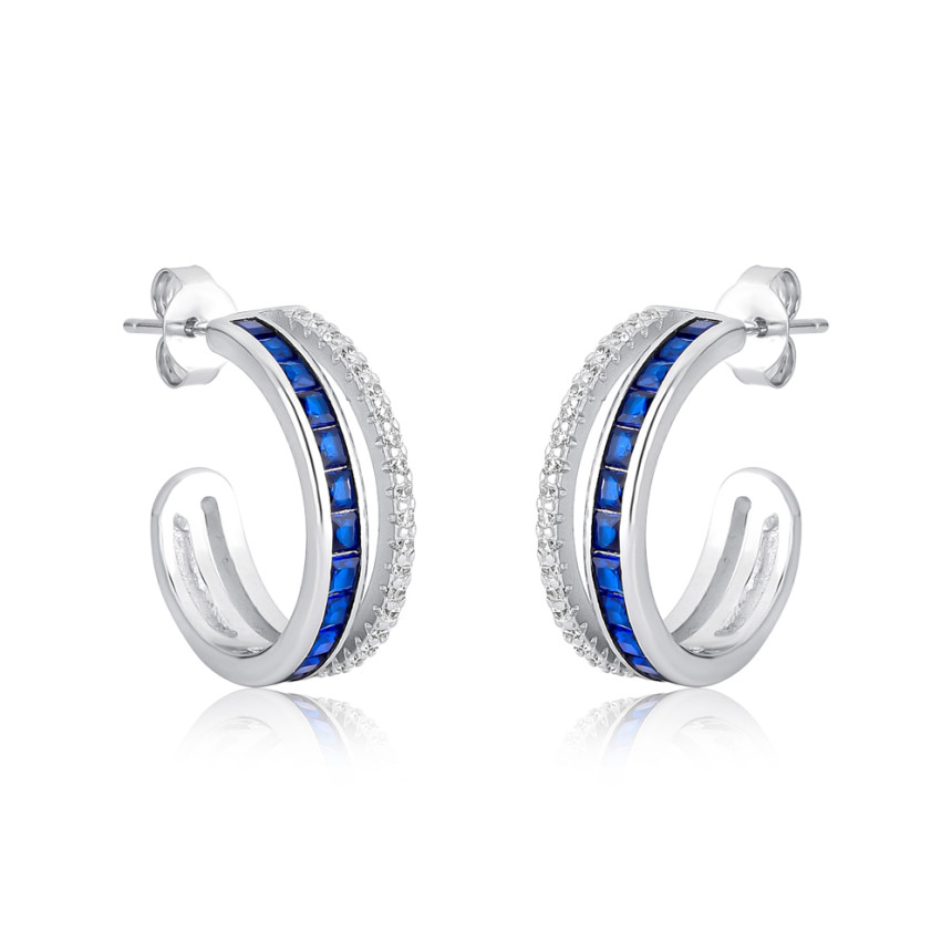 Argola Prata c/ Ródio 2 Fileiras Cravejadas Zircônias Safira e Cristal c/ Tarraxa 18mm