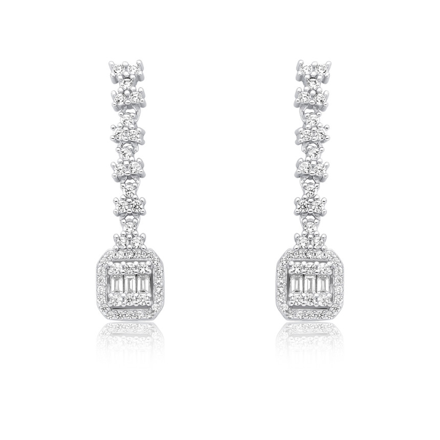 Brinco Prata c/ Ródio Quadrado Cravejado Suspenso