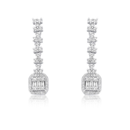 Brinco Prata c/ Ródio Quadrado Cravejado Suspenso