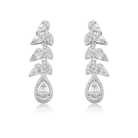 Brinco Prata c/ Ródio Cravejado c/ Folhas e Gota Suspensa