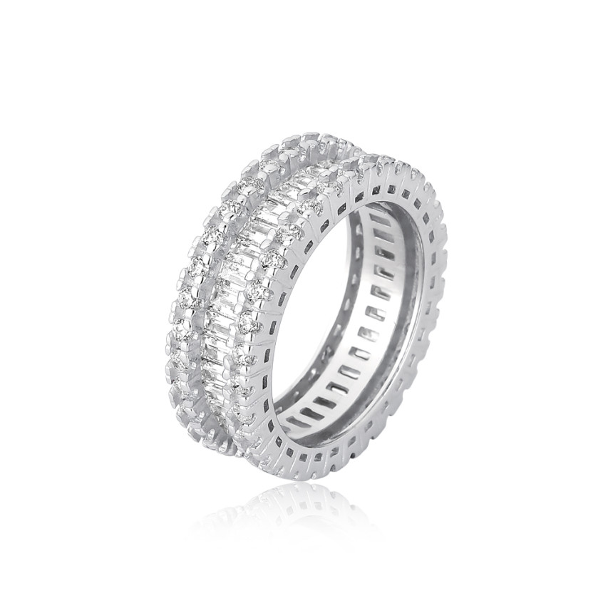 Anel Prata c/ Ródio Largo Inteiro Cravejado c/ Zircônias