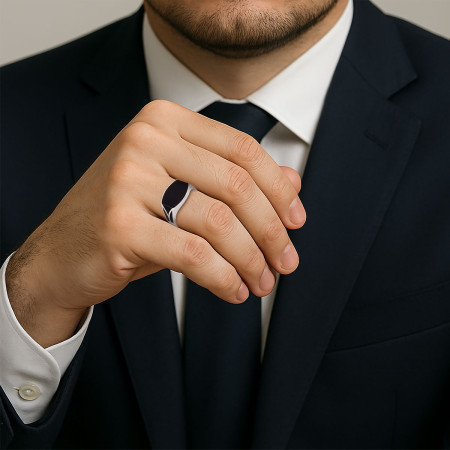 Anel Prata c/ Ródio Masculino Resina Preta