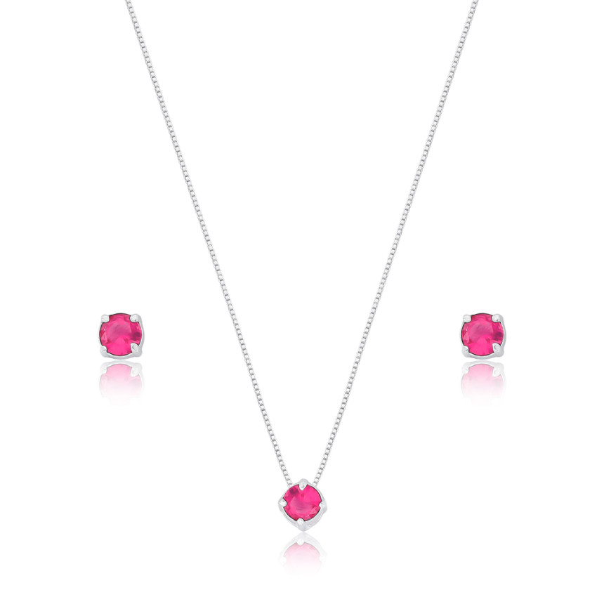 Conjunto Prata Zircônia Redonda Rubi 5mm