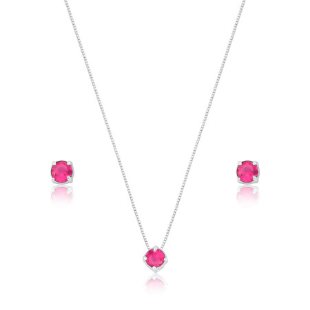 Conjunto Prata Zircônia Redonda Rubi 5mm