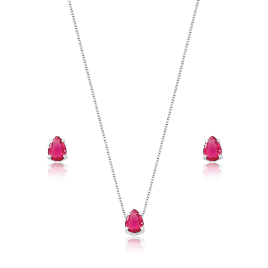 Conjunto Prata Zircônia Gota Rubi 7mm