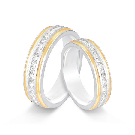 Aliança de Compromisso Prata Acetinada c/ Friso Cravejado e Laterais Caneta de Ouro / 5mm (Valor da unidade)