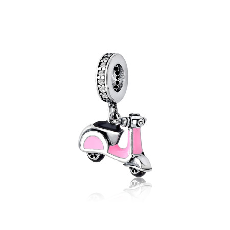 Berloque Prata c/ Ródio You Argola Moto Scooter Resina Rosa