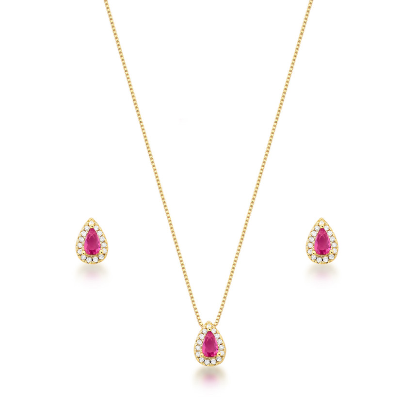 Conjunto Gota Zircônia Rosa Cereja c/ Borda Cravejada 8mm Folheado a Ouro 18K