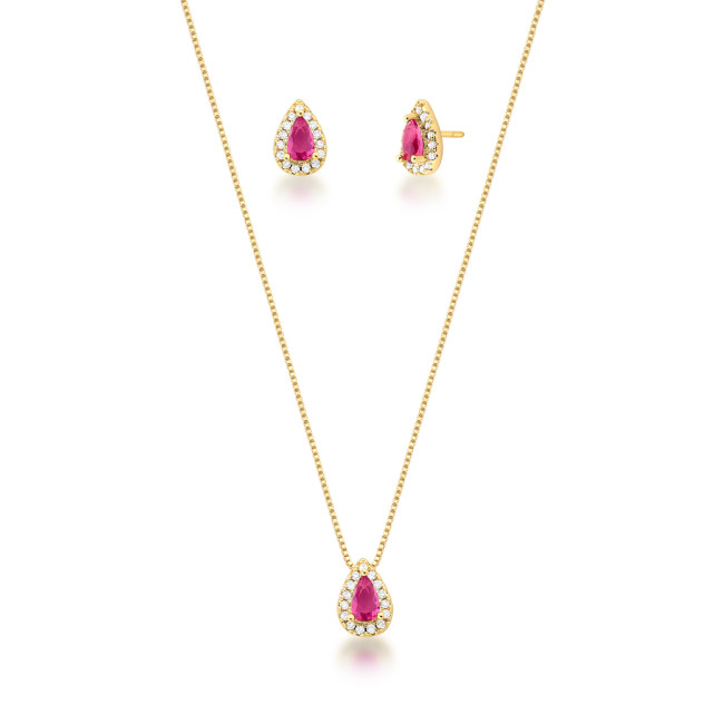 Conjunto Gota Zircônia Rosa Cereja c/ Borda Cravejada 8mm Folheado a Ouro 18K