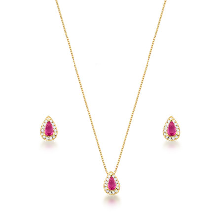 Conjunto Gota Zircônia Rosa Cereja c/ Borda Cravejada 8mm Folheado a Ouro 18K