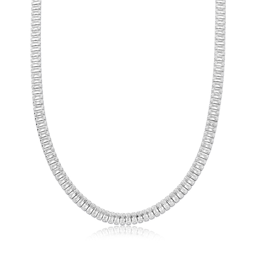 Choker Prata c/ Ródio Zircônia Riviera Baguete (4mm)
