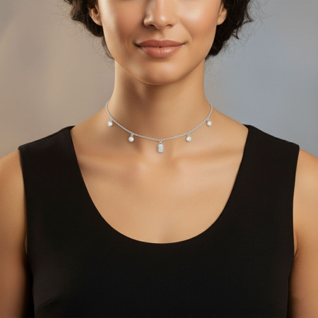 Choker Prata c/ Ródio Ovais com Zircônias Baguete e Pontos Luz