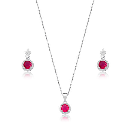 Conjunto Prata c/ Ródio Redondo c/ Zircônia Rubi Central e Borda Cravejada 8mm