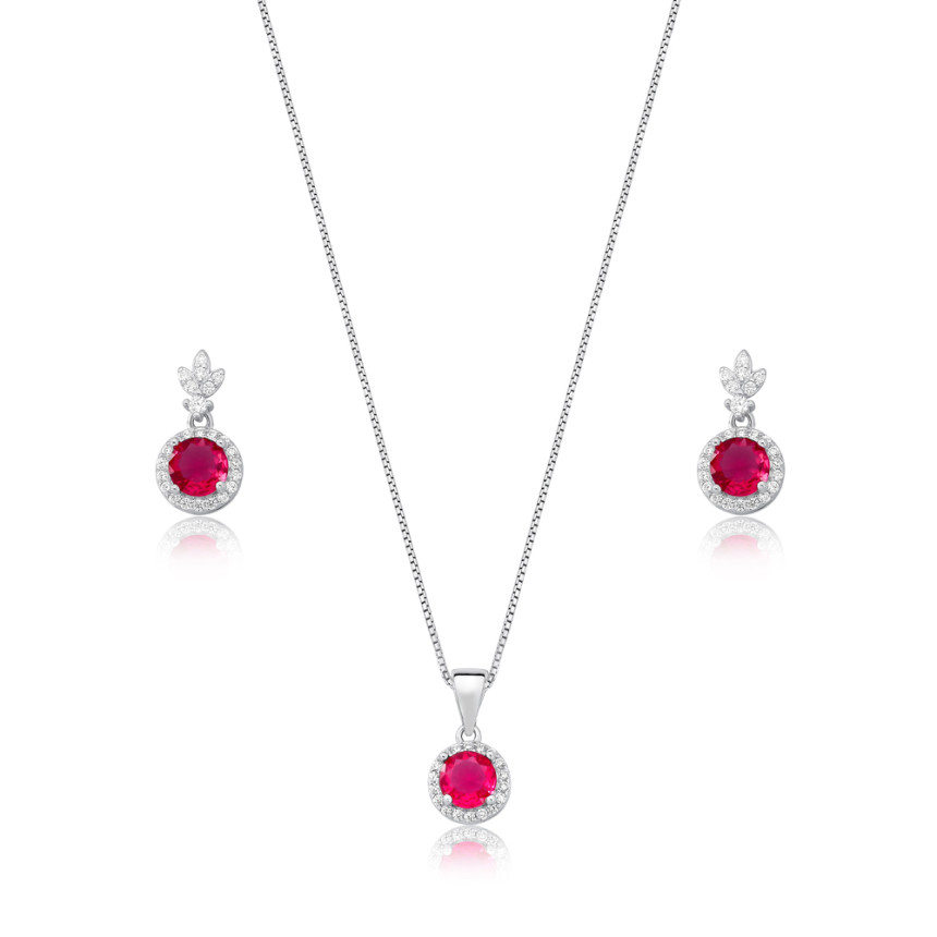 Conjunto Prata c/ Ródio Redondo c/ Zircônia Rubi Central e Borda Cravejada 8mm