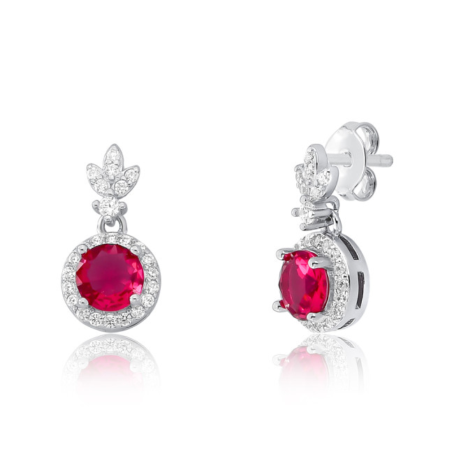 Conjunto Prata c/ Ródio Redondo c/ Zircônia Rubi Central e Borda Cravejada 8mm