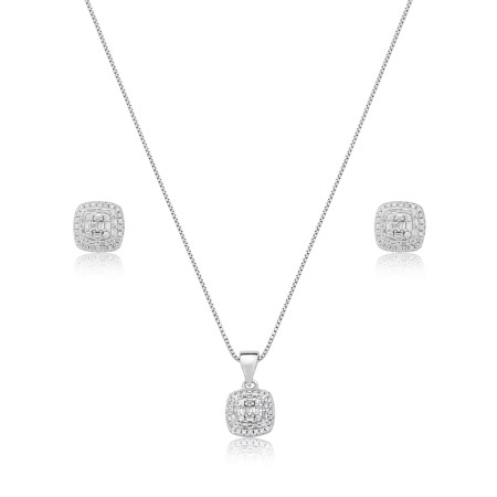 Conjunto Prata c/ Ródio Quadrado Cravejado c/ Zircônia Redondas e Baguetes 9mm