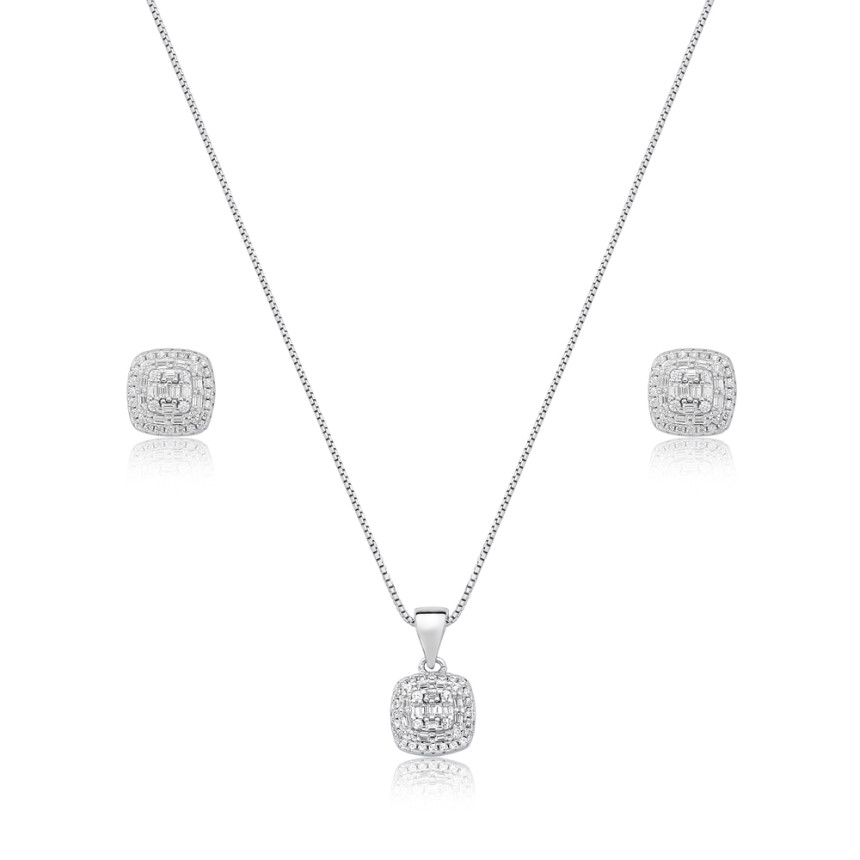 Conjunto Prata c/ Ródio Quadrado Cravejado c/ Zircônia Redondas e Baguetes 9mm