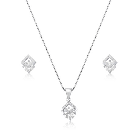 Conjunto Prata c/ Ródio Quadrado Vazado Cravejado e Zircônia Ponto Luz