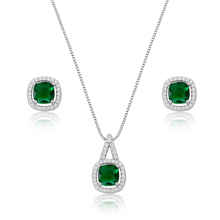 Conjunto Prata c/ Ródio Quadrado Zircônia Esmeralda Central e Borda Cravejada 9mm