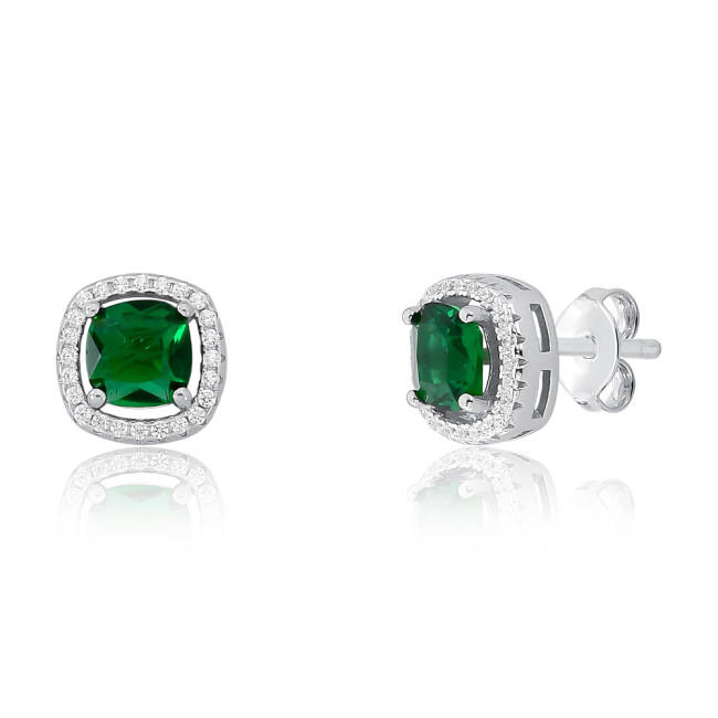 Conjunto Prata c/ Ródio Quadrado Zircônia Esmeralda Central e Borda Cravejada 9mm